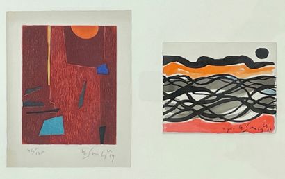 SINGIER (Gustave). "作曲"（1959-1962）。一套2幅作品，1幅纸上水彩画（右下角有日期和签名）和1幅彩色蚀刻画（只是44/125，有日期和签名的铅笔画），装在一个普通的框架下。框架尺寸：29.5...