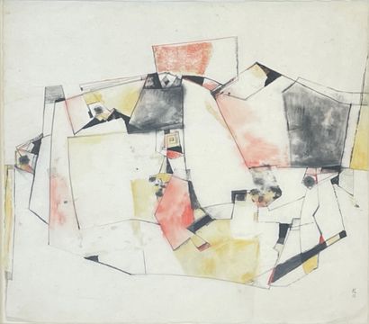 LEWY (Kurt). "构成"（1962年）。皱纹纸上的水彩和粉笔画，右下角有日期和字样，装在垫子和黑色木框下。画框尺寸：73 x 80厘米；主题：49 x...