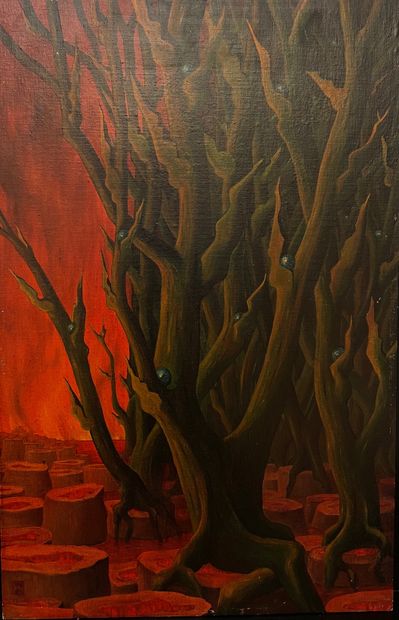 null MEURICE（伊万）。"着火的树木"（1961年）。布面油画，装在面板上，背面有标题和日期，左下角有图案。支架和主题的尺寸：65.5 x 42.5厘...