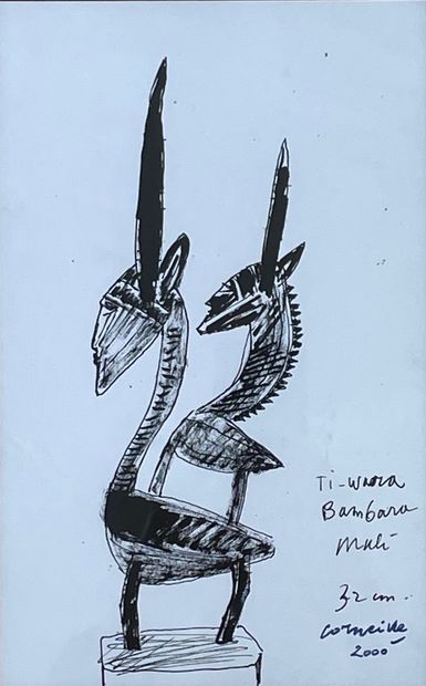 CORNEILLE (C. van Beverloo, dit). "Ti Wara Bambara Mali"（2000）。纸上印度墨水，有标题、日期和签名，装在垫子和银色木框下。框架尺寸：47.5...