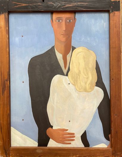 null DE WINNE（归于罗伯特）。"来自背后的新娘"（约1930-40）。油画，装在一个木框上，木框的背面是挂他的工具的面板。拍品上将附有一张照片，我们看到罗伯特-德-温内在他的工作室里，墙上挂着面板和他的工具。面板尺寸：95.5...