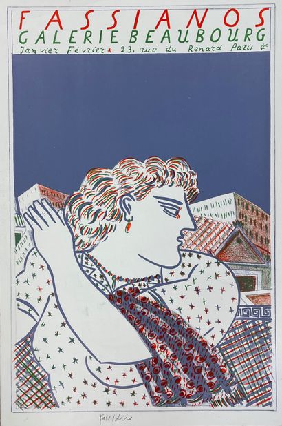 FASSIANOS (Alekos). 海报。彩色石版画，用铅笔签名，为他在巴黎博堡画廊的展览而作。尺寸：45,5 x 30,5厘米。
