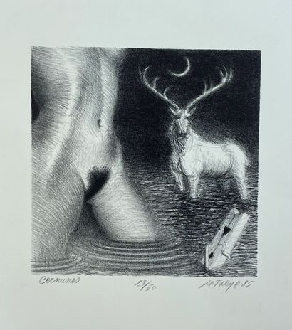 DE TAEYE (Camille). "Cernunos"（1985）。黑色石板画，印在编织纸上，有标题、日期，只是28/50，有铅笔签名。支架尺寸：29×2...