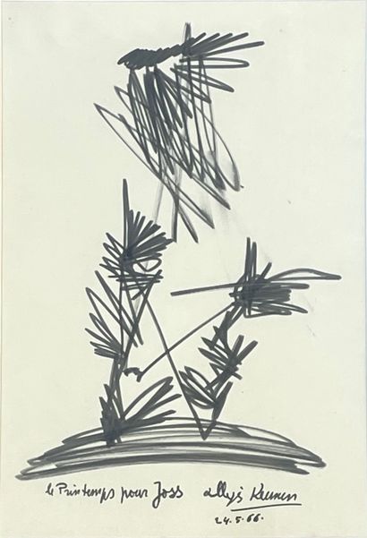 KEUNEN (Alexis). "Le Printemps"（1966）。纸上黑色毛笔画，右下角有专用的，日期和签名，装在垫子和黑色木框下。画框尺寸：49 x...