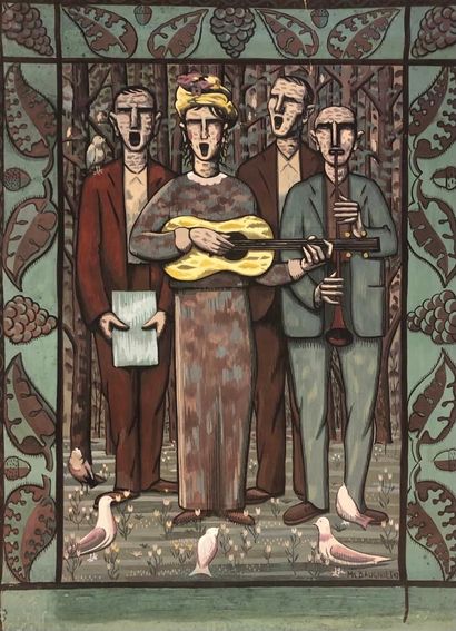 BAUGNIET (Marcel-Louis). "Les Musiciens" (1947). Grande huile sur papier, datée et...