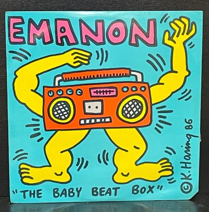 HARING (Keith). "婴儿节拍箱，Emanon"（1986）。33转唱片，封面由Keith Haring绘制（1个角被切断）。