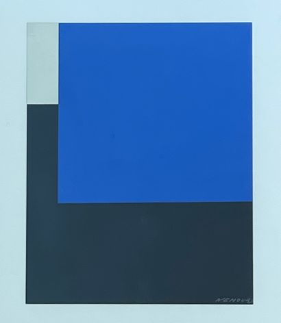 null NEMOURS（Aurélie）。"Espace bleu"（1959年）。彩色绢画，用铅笔签名，装在红色铝框中。画框尺寸：51 x 41厘米；主题：31.5...