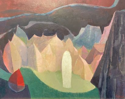 PORTENART (Jeanne). "山中布道"（1980）。镶板油画，右下角有标题、日期和签名，装在鎏金木框中。框架尺寸：83 x 103厘米；主题：79...