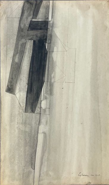MONDRY (Luc). "构成"（1963年）。水墨画在厚纸上，右下角有日期和签名。支架和主题的尺寸：33 x 20（纸张略微发黄）。画家、水彩画家和素描家...