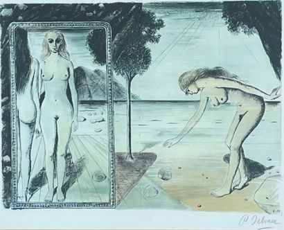 DELVAUX (Paul). 无题》（1972年）。彩色胶印版，用铅笔签名，装在绿色垫子和镀金木框下。画框尺寸：51.5 x 58厘米；主题：28.5 x 3...