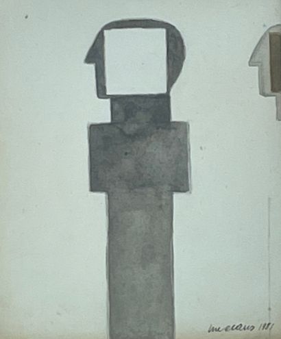 CLAUS (Luc). "组成"（1981）。纸上墨水和铅笔，右下角有日期和签名，装在白色铝框中。框架尺寸：40.5 x 36.5厘米；主题：24 x 20厘...