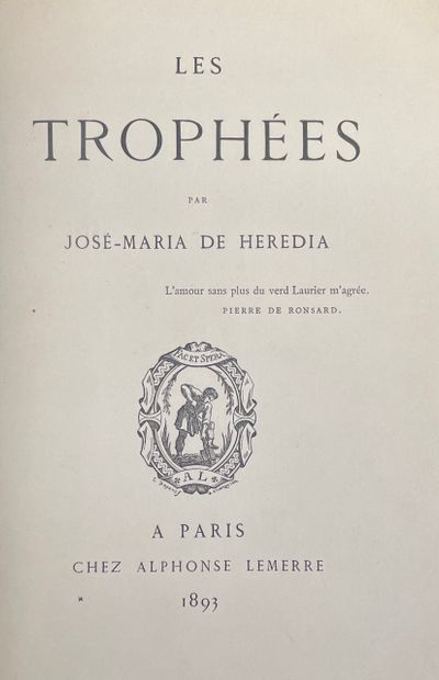 null 用Chekerul的全摩洛哥语装订，有一首手写的诗--HEREDIA（José Maria de）。Les Trophées.巴黎，Alphonse Lemerre，1893年，8°，IV-214页，全红摩洛哥，木板上有一个鎏金丝框，然后有三个双鎏金丝框，书脊上全部装饰有一个纵横交错的双鎏金丝框，边缘有双鎏金丝框，大理石花纹纸背套上有鎏金图案，鎏金边缘，封面和书脊保留，箱子里有红色摩洛哥皮革（装订时署名Tchékéroul）。拷贝状态完美。增加了一首亲笔手写的诗："Le...