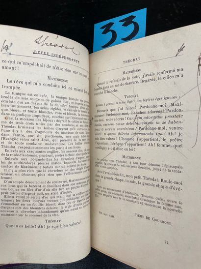 null 带有调度和校对，由Semet et Plumelle-GOURMONT(Remy de)全摩洛哥文装订。Déodat.巴黎，法国信使出版社，1893年，12开本，53页，封面和书脊保存。第一版印刷了290份由作者签名的编号本，包括三份特别文件。当前版本（第84号）的前言。装订有一套更正后的校样，以及由其创始人保罗-福特签署的关于艺术剧院的亲笔说明。一个标题的模型把...