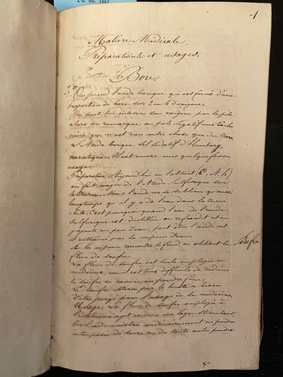 null 大学课程（？），19世纪的纸质墨水手稿，题为："Matière médicale"，252页+88页未编号，8°，当代砖布（磨损的装订）。这份手稿分为两部分。第一部分将是以...