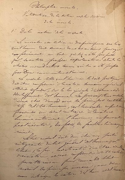 null 大学课程，19世纪的手稿："比利时自由大学/（布鲁塞尔）/（1840年）/道德哲学/A.F."，4开本，66页，未加密的墨水纸，半布装订。就在1834年11月20日比利时自由大学成立之后，该大学于1842年成为布鲁塞尔自由大学。这一时期的大学课程极为罕见。法学家皮埃尔-特奥多尔-韦尔海根（Pierre-Théodore...