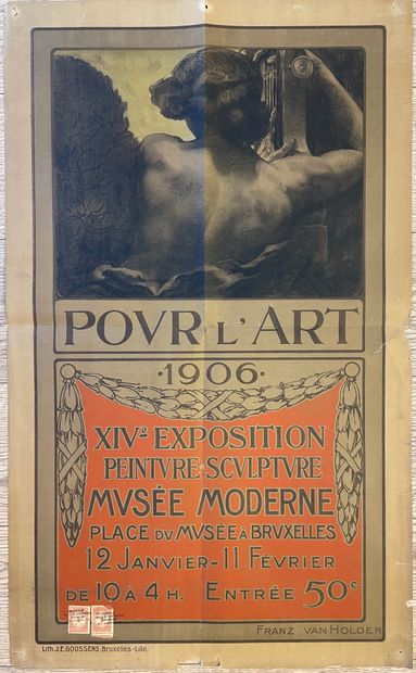 VAN HOLDER (Frans). "为了艺术"（1906）。彩色石版画。Brux-Lille, J.E. Goossens, 1906, 尺寸：89 x 54...