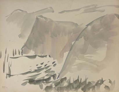 null CALIYANNIS（马诺里斯）。"德尔菲"（1959年）。纸上水彩画，左下角有日期和签名。支撑物和主体的尺寸：50 x 65厘米（1个微型染色）。