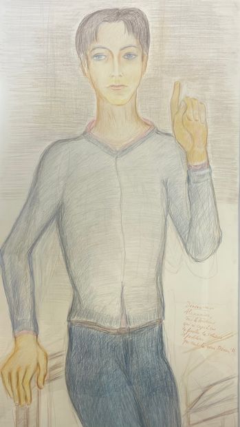 KLOSSOWSKI (Pierre). "Portrait de jeune homme". Dessin aux crayons de couleurs, daté,...