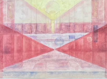BAUGNIET (Marcel-Louis). "雅典学校"（1979年）。纸上水彩和铅笔，有日期，有签名，装在白色垫子和镀金木框中。框架尺寸：47 x 56.5厘米；主题：25...