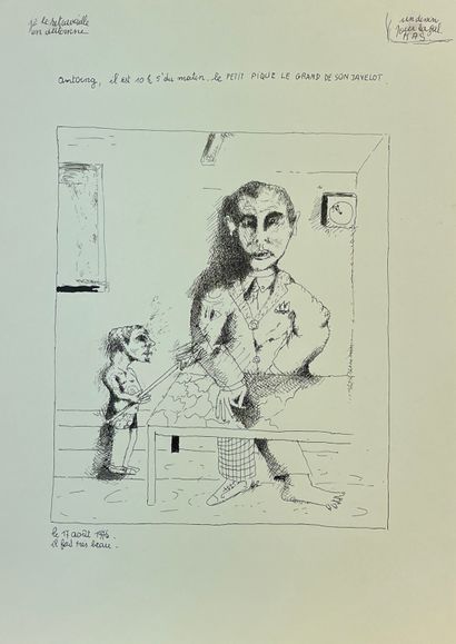VINCHE (Lionel). "Le Petit pique le grand de son javelot" (1976). Encre sur papier,...