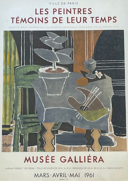 BRAQUE (Georges). "作为时代见证的画家们"（1961年）。彩色石板画，装在镀金的木框中。P. Mourlot，1961年，框架尺寸：77 x 62厘米；主题：72...