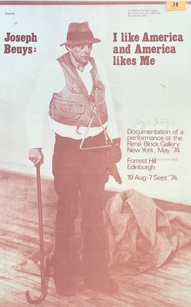 BEUYS (Joseph). "我喜欢美国，美国也喜欢我"（1974）。彩色石版画海报，有铅笔签名，装在木框中。框架尺寸：85 x 68厘米；主题：82.5 x...