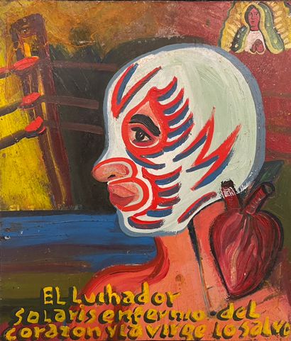 MECALCO (David). "El Luchador Solaris Enfernio". Oil on tin, titled and dated. Dim....