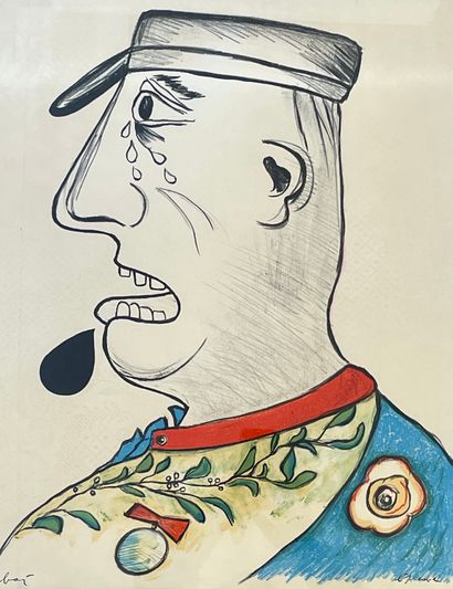 BAJ (Enrico). "Le Grand Charles"（1965）。彩色石版画印在梭织纸上，只是。"épreuve"，并有墨水签名，安装在垫子和镀金木框下。画框尺寸：74...