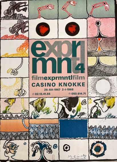 ALECHINSKY (Pierre). 海报（1967）。"Exprmntl 4"。第四届克诺克赌场的实验电影节。彩色石版画，字体由科内尔-汉诺塞特创作。由Clot,...