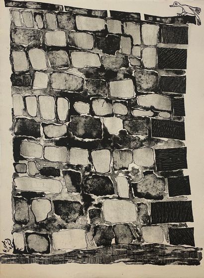 DUBUFFET (Jean). "Angle de mur à l'oiseau perché" (1945). Lithographie en noir tirée...