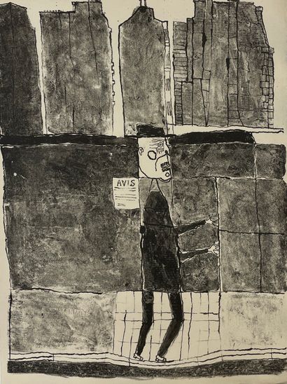 DUBUFFET (Jean). "Mur et avis" (1945). Lithographie en noir tirée sur Montval. Tirage...