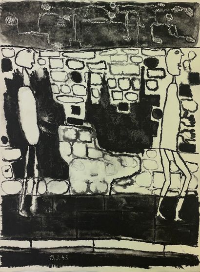 DUBUFFET (Jean). "Murs et voyageurs" (1945). Lithographie en noir tirée sur Montval....