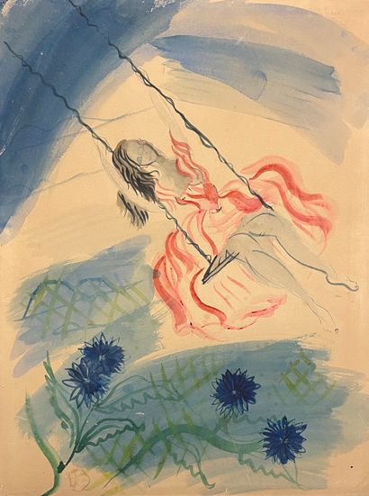 BAES (Rachel). "Young Woman on a Swing". Watercolor on paper, signed on the upper...