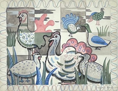 BAUGNIET (Marcel-Louis). "挂毯"（1947年）。纸上水粉画，有标题、日期和签名，装在银色木框中。框架尺寸：44 x 53厘米；主题：24...
