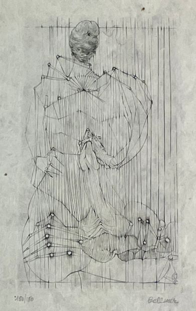 BELLMER (Hans). "情色成分"。日本纸上的黑色蚀刻画，仅有150/150，有铅笔签名，装在passe-partout和鎏金木框下。画框尺寸：37,5...
