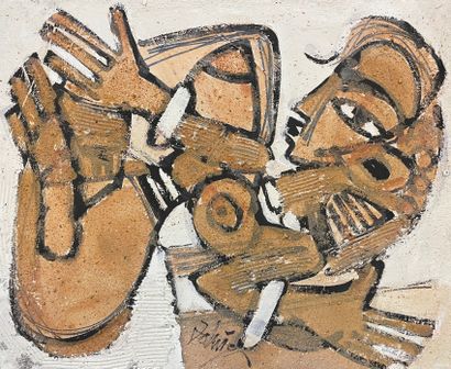null ADINGRA（乔治）。"情色"。画布上的油画和沙子，中间部分有日期和签名。支架和主题的尺寸：60 x 73厘米。