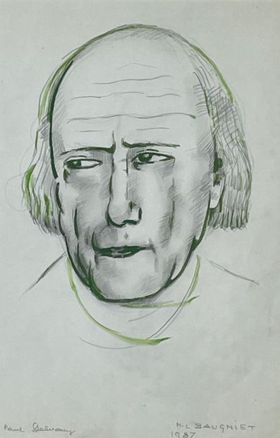 BAUGNIET (Marcel-Louis). "Paul Delvaux"（1947年）。纸上水彩和铅笔，右下角有标题、日期和签名，装在一个木框里。框架尺寸：55...