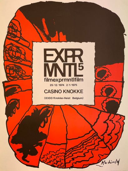 ALECHINSKY (Pierre). "exprmntl"（1974）。第五届克诺克赌场实验电影节的彩色平版印刷海报。P., Arte, 1974, 尺寸：79,1...