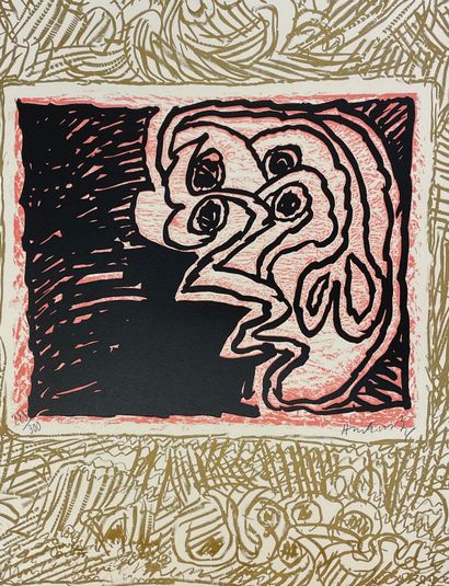 ALECHINSKY (Pierre). "Double vue"（1970年）。黑色连环画，背景和石版画备注为彩色，印在Arches牛皮纸上，仅有223/300，有铅笔签名。P.，普曼，1970年，尺寸：框架：53.5...