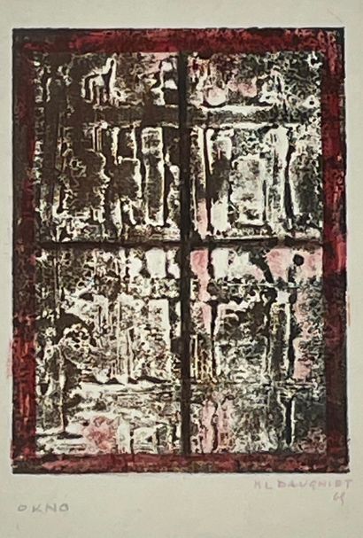 BAUGNIET (Marcel-Louis). "窗口"（1955年）。纸上模版，右下角有标题、日期和签名，安装在垫子和白色木框下。框架尺寸：42.5 x 32.5厘米；主题：19.5...