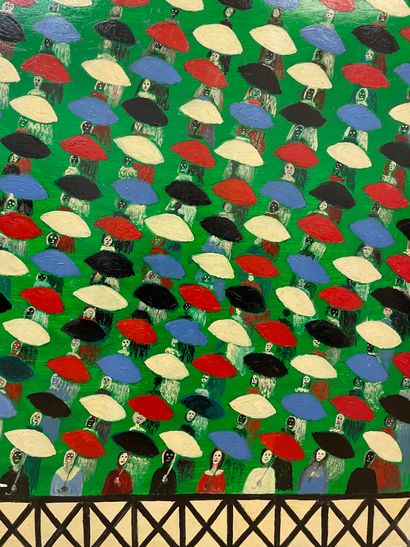 COULON (Berthe). "Foule de parapluies" (1973). Huile sur panneau, montée sous cadre...