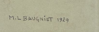 BAUGNIET (Marcel-Louis). "构成"（1929）。纸上水粉画，有日期，有签名，装在白色垫子和镀金的木框里。框架尺寸：53 x 43厘米；主题：27,5...