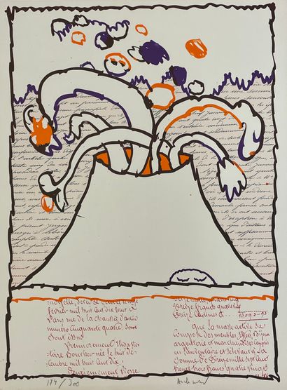 ALECHINSKY (Pierre). "火山描绘"（1971年）。直接在锌上绝缘的胶片原画，用胶版印刷，彩色，有旧笔迹的转移，只是79/300，有铅笔签名。P.，Arte，1971年，尺寸：65...