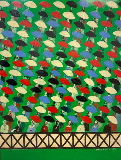 COULON (Berthe). "Foule de parapluies" (1973). Huile sur panneau, montée sous cadre...