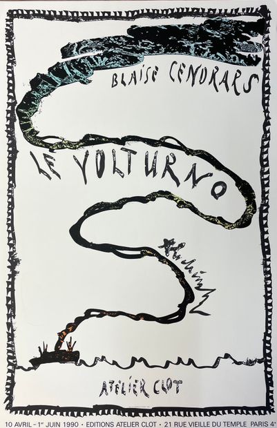 ALECHINSKY (Pierre). "Le Volturno"（1990）。彩色石版画海报，为出版布莱斯-坎德拉尔的文章而制作，由阿列克钦斯基绘制，由Fata...