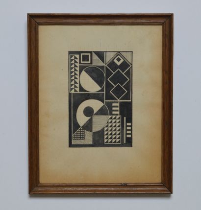 ANONYME. "几何构成"。水墨画装在一个木框里。画框尺寸：27 x 21,5厘米；主题：14,3 x 9,5厘米（纸张发黄）。