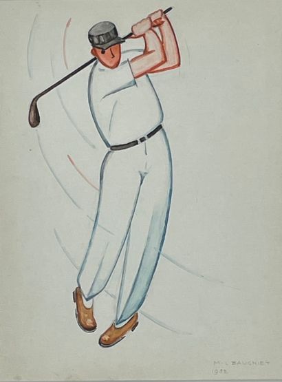 BAUGNIET (Marcel-Louis). "The Golfer" (1982). Watercolor on paper, dated and signed...