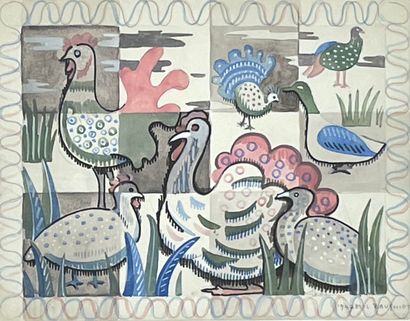 BAUGNIET (Marcel-Louis). "挂毯"（1947年）。纸上水粉画，有标题、日期和签名，装在银色木框中。框架尺寸：44 x 53厘米；主题：24...