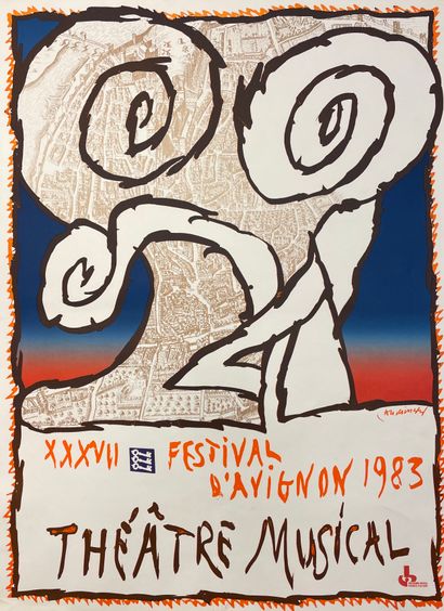 ALECHINSKY (Pierre). "Festival d'Avignon"（1983）。彩色平版印刷海报。17世纪阿维尼翁市地图的传真件。P., Arte,...