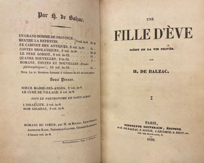 BALZAC (Honoré de). 夏娃的女儿》是私人生活中的一个场景。随后是马西米拉-多尼。P., Hippolyte Souverain, 1839, 2卷，8°，棕色半斜纹布，书脊上有标题和鎏金印记（书脊褪色和磨损，散落着微弱的赤色条纹）。第一版。预先的原作在《Le...